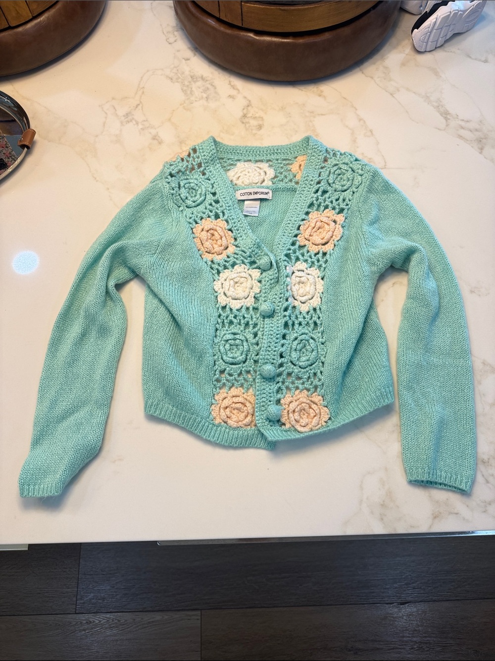 Cotton Emporium Mint Green Crochet Floral Button Cardigan
